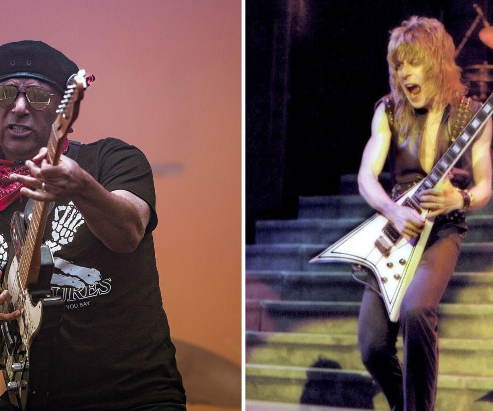 Gitarzysta Tom Morello gra na scenie. Obok na wstawce Randy Rhoads z białą gitarą. O pasji muzyków czytaj w EskaRock.