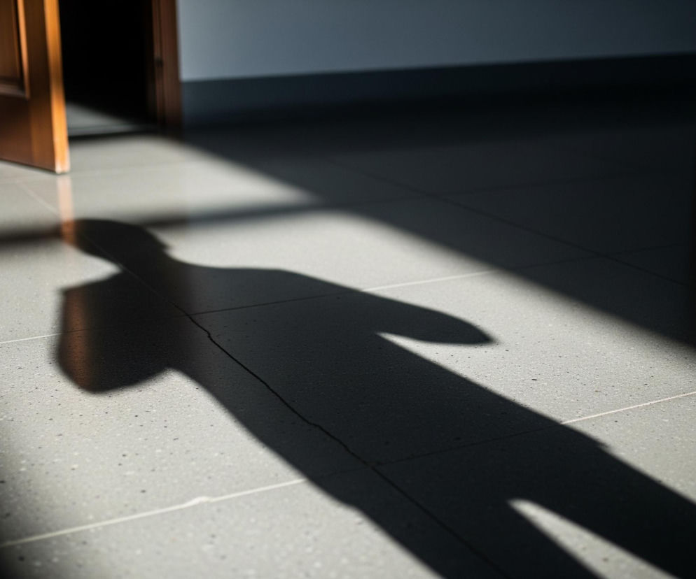 Na szarej, kafelkowanej podłodze rozciąga się długi, ciemny cień osoby, skierowany ku prawej stronie obrazu. W tle, po lewej stronie, lekko uchylone są drewniane, brązowe drzwi, z widocznym zawiasem. Część podłogi i dolnej ściany jest jasno oświetlona, kontrastując z ciemnymi obszarami.