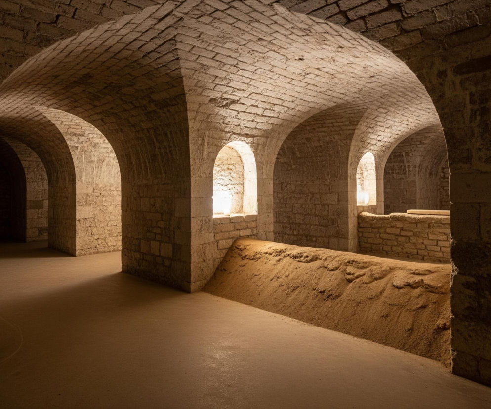Wnętrze sklepionej, ceglanej budowli ukazuje szereg arkad rozciągających się w głąb pomieszczenia. Światło padające z kilku otworów okiennych po prawej stronie oświetla częściowo piaskową zasypkę, tworzącą pochyłe wzniesienie wzdłuż ściany, oraz podłogę. Dominują odcienie brązu, beżu i żółci, a faktura cegieł na sklepieniu i ścianach jest wyraźnie widoczna, podobnie jak ziarnistość piasku.