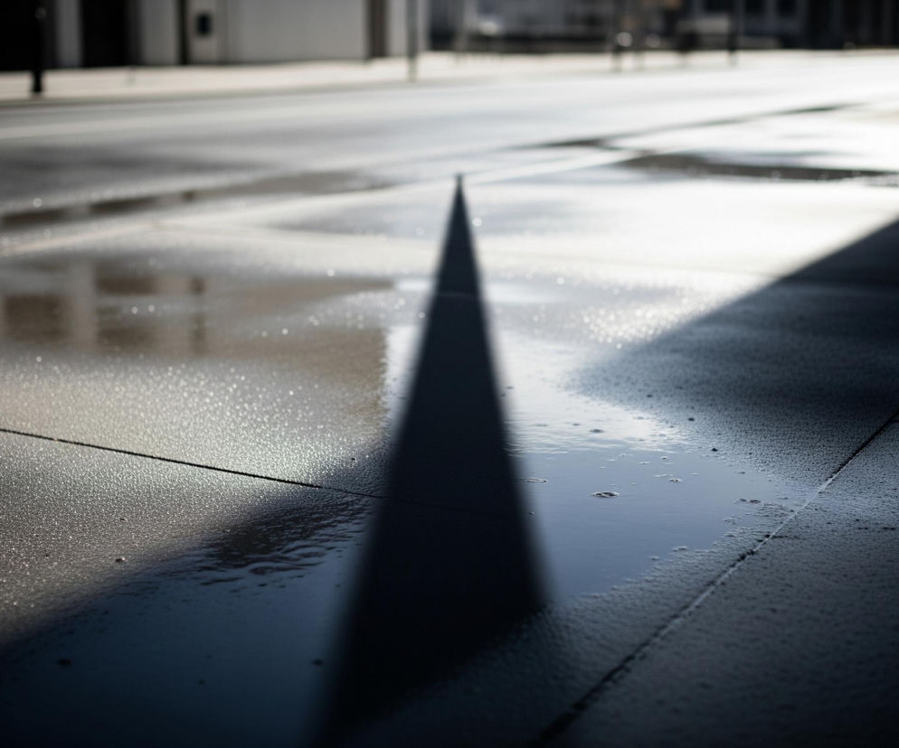 Ciemny, trójkątny cień stożka dominuje środek obrazu, rzucając się na szary, mokry chodnik i kałużę wody. Chodnik po prawej stronie jest głównie w cieniu, a po lewej rozciąga się w oddalającą się jasną przestrzeń, widocznie mokrą z kałużami. W tle widać niewyraźne zarysy budynków i ulicy, a całość skąpana jest w miękkim, rozproszonym świetle, z jasnymi plamami odbijającymi się od mokrych powierzchni.