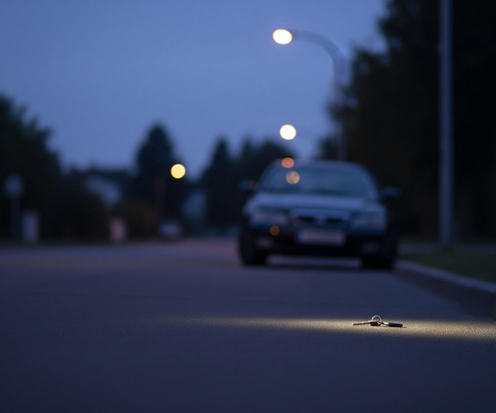Na asfaltowej drodze leży pęk kluczy, oświetlony wyraźnym, jasnym światłem biegnącym od prawej krawędzi obrazu. W tle, rozmyty ciemny samochód stoi zaparkowany, a za nim widać niewyraźne drzewa i latarnie uliczne emitujące ciepłe, okrągłe światło. Ulica, obrzeżona krawężnikiem i fragmentem zielonej trawy po prawej stronie, zanika w głębi, pogrążona w niebieskawo-granatowym zmierzchu.