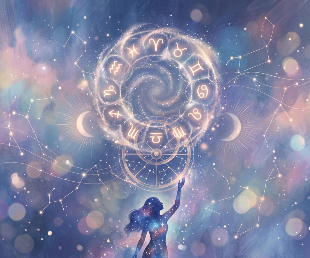 Kobieta z uniesioną dłonią, wznosząca się ku gwiezdnemu kołu zodiaku, otoczonemu konstelacjami i fazami Księżyca na niebiesko-fioletowym tle. Sprawdź swój horoskop na dziś na naszym portalu.