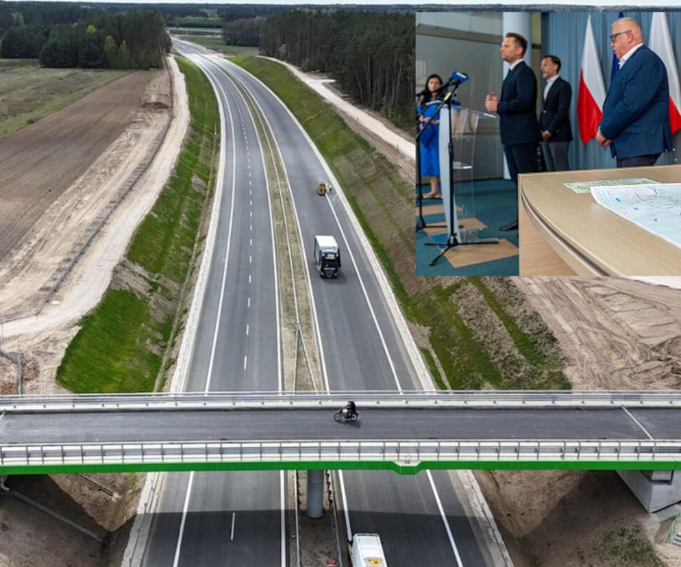 Droga ekspresowa S19 widziana z lotu ptaka, z wiaduktem w poprzek i częściowo przygotowanym terenem pod budowę. W prawym górnym rogu politycy podczas konferencji. Więcej o budowie drogi ekspresowej przeczytasz na naszym portalu.