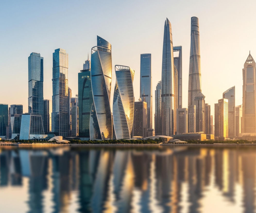 Panoramatyczny widok na nowoczesne wieżowce wzdłuż brzegu wody. Wysokie budynki, głównie ze szkła i stali, prezentują różnorodne kształty, od prostokątnych po smukłe, zakrzywione i spiczaste konstrukcje, odbijają światło słoneczne, tworząc metaliczny połysk. Horyzont miasta jest rozciągnięty, a za nim widać rozświetlone niebo, przechodzące od jasnego błękitu po lewej do intensywnego, ciepłego pomarańczu po prawej stronie. Na pierwszym planie znajduje się gładka tafla wody, w której odbija się całe miasto, tworząc symetryczne, rozmyte lustrzane odbicie wieżowców.