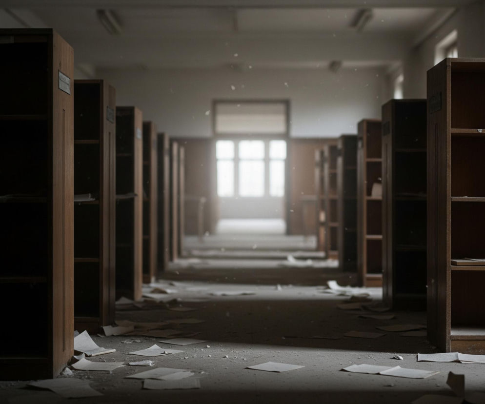 Długi korytarz, prawdopodobnie w bibliotece, otoczony jest po obu stronach rzędami drewnianych, pustych półek na książki w kolorze ciemnego brązu. Na podłodze leży mnóstwo rozrzuconych, pogniecionych kartek papieru i małych kawałków gruzu. W tle, na końcu korytarza, widoczne jest duże, jasne okno z wyraźnie zaznaczonymi ramami, przez które wpada intensywne światło, tworząc efekt halo i oświetlając kurz w powietrzu.