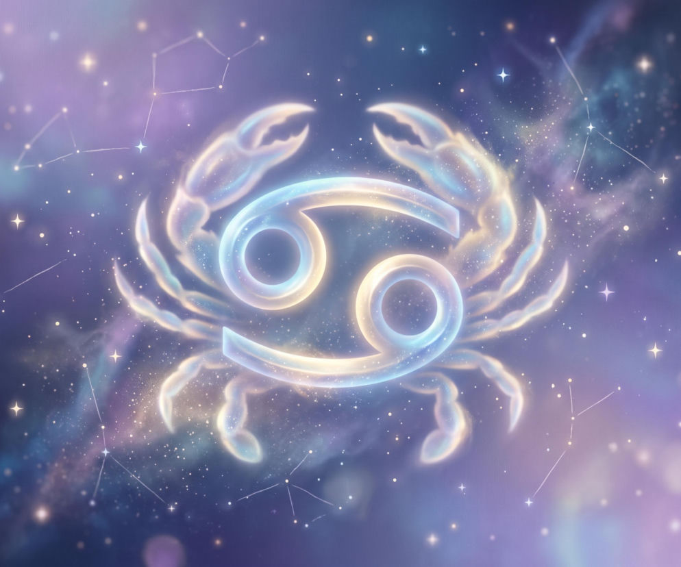 Świecący symbol zodiakalnego Raka na tle rozgwieżdżonego kosmosu. O horoskopie dziennym przeczytasz w Eska.