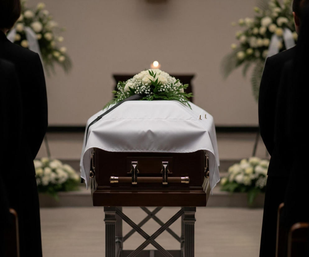 Drewniana trumna w kolorze ciemnego brązu stoi na metalowym stojaku o ozdobnych, srebrzystych nogach w kształcie litery X. Trumna jest częściowo przykryta białym, gładkim materiałem, a na jej wieczku ułożony jest bukiet białych kwiatów, głównie róż i drobnych, białych kwiatuszków, z zielonymi liśćmi. Pośrodku bukietu unosi się mały płomień świecy, emitujący delikatne światło. Po lewej i prawej stronie trumny, w pierwszym planie, widoczne są plecy dwóch osób ubranych w czarne, formalne stroje, z sylwetkami rozmytych wieńców z białych kwiatów w tle.