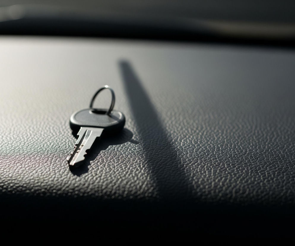 Na teksturowanej, ciemnoszarej powierzchni leży metalowy klucz. Krawędzie i ząbkowanie klucza są wyraźne, a jego metaliczny blask kontrastuje z matową fakturą podłoża. Na powierzchni rozciąga się długi cień rzucany przez klucz, wskazujący na silne, boczne źródło światła. Górna część obrazu jest rozmyta i ciemniejsza, podczas gdy dolna pozostaje nieostra i bardziej stonowana kolorystycznie.