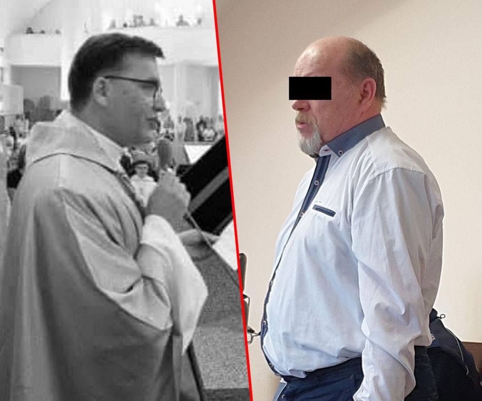 Oskarżony Tomasz J. w sądzie. Obok na miniaturze ksiądz Grzegorz Dymek. O wyroku za zabójstwo czytaj w Eska Śląskie.