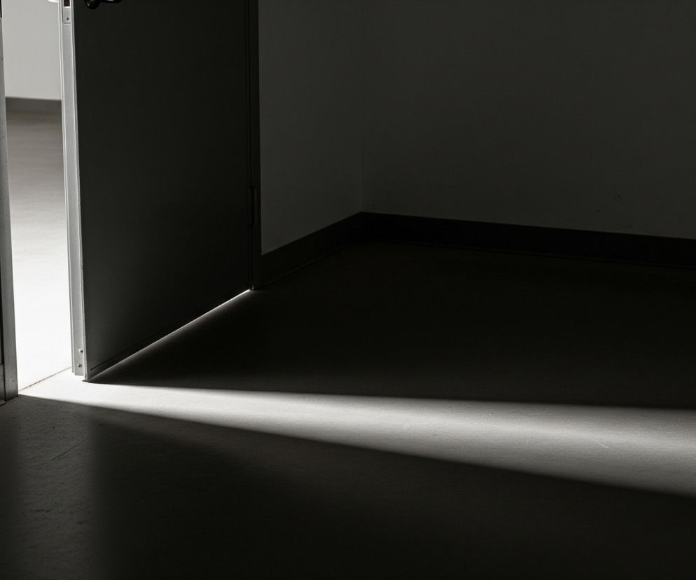 Uchylone ciemne drzwi zajmują lewą i środkową część kadru, otwierając się na jasne światło widoczne w szczelinie pośrodku. Białe światło rozświetla podłogę po drugiej stronie drzwi, tworząc długi, trapezoidalny cień rozciągający się od progu do prawego dolnego rogu obrazu. Otoczenie po prawej stronie drzwi pozostaje w ciemności, z wyjątkiem wąskiego, poziomego paska jasnej listwy przypodłogowej biegnącej wzdłuż dolnej części ściany.