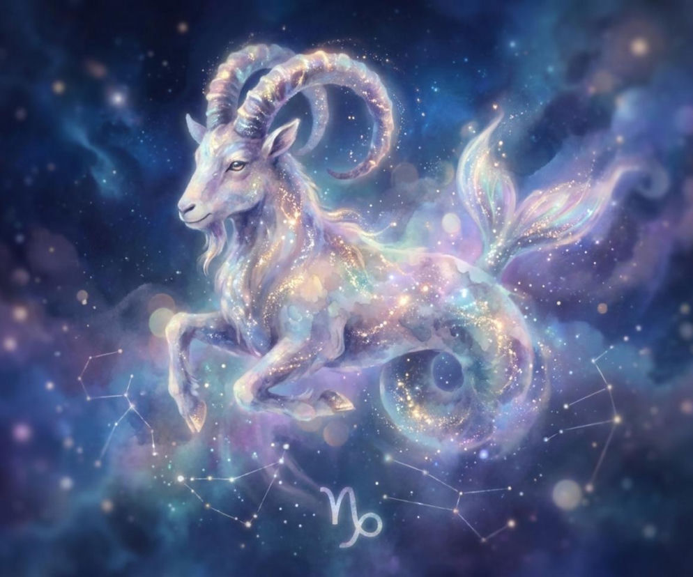 Fantastyczna grafika Koziorożca z rogami kozła i ogonem ryby, wznoszącego się na tle gwiaździstego nieba w odcieniach fioletu i błękitu, z symbolami astrologicznymi, doskonale ilustruje horoskop dzienny na naszym portalu.