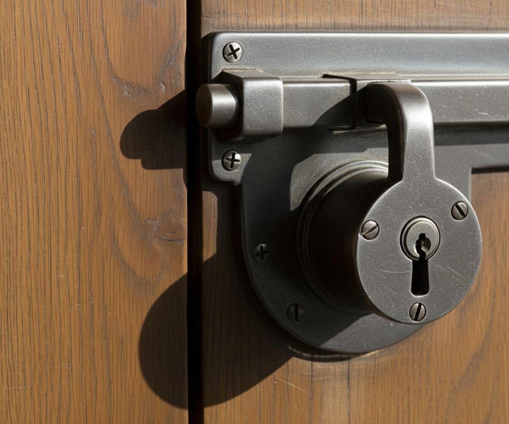 Metalowy zamek ryglujący, w kolorze ciemnoszarego grafitu, jest przymocowany do drewnianych drzwi. Składa się z podłużnej płyty z czterema wkrętami krzyżakowymi, na której osadzony jest ruchomy rygiel i okrągła wkładka zamka z otworem na klucz. Światło pada z lewej strony, tworząc wyraźne cienie pod elementami zamka i na powierzchni drzwi, podkreślając ich strukturę.