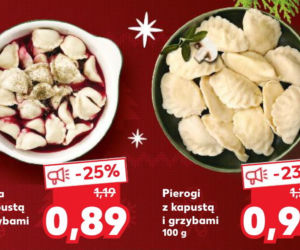 Uszka z kapustą i grzybami  (0,89 zł/100 g) oraz pierogi z kapustą i grzybami (0,99 zł/100 g),-  