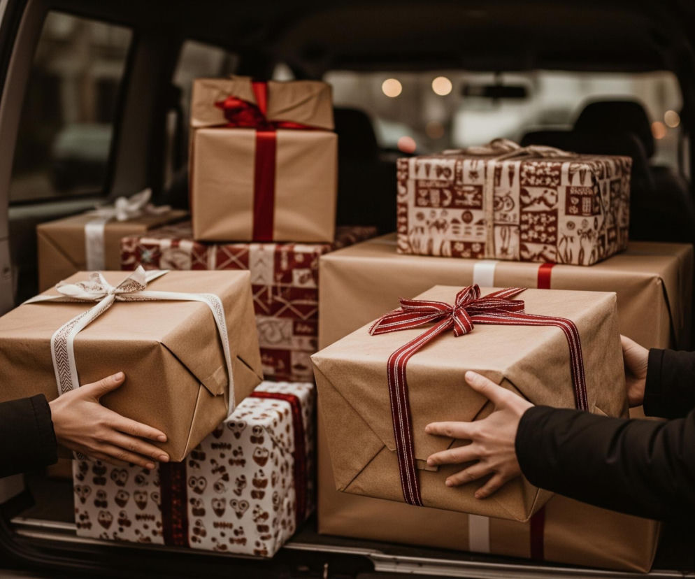 Dwie kobiety pakują prezenty do bagażnika samochodu. Po lewej stronie, kobieta z długimi, jasnobrązowymi włosami, ubrana w czarną kurtkę, wsuwa prezent owinięty brązowym papierem i przewiązany białą wstążką w paski. Po prawej, druga kobieta, również w czarnej kurtce z widocznym białym kołnierzem, trzyma w rękach podobny prezent, lecz przewiązany czerwoną wstążką w paski. W bagażniku znajduje się już wiele podobnych paczek, niektóre owinięte brązowym papierem z czerwonymi lub białymi wstążkami, a inne w papier z wzorami w kolorach białym i czerwonym. Tło jest lekko rozmazane, przedstawiając miejski krajobraz z widocznymi światłami w oddali.