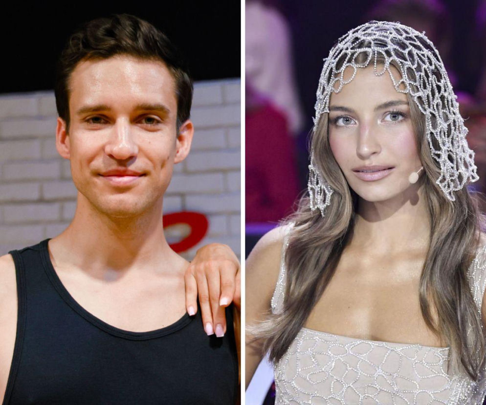 Aktor Dominik Smaruj, a obok jurorka Julia Wieniawa w ozdobnym czepku. O Tańcu z gwiazdami przeczytasz w Eska.