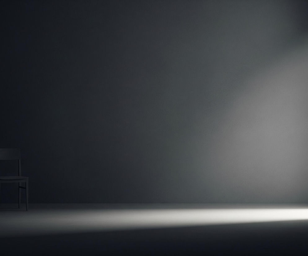 Pojedyncze, ciemne krzesło stoi na podłodze przy lewej ścianie ciemnego pomieszczenia. Z prawej strony obrazu, wąska, pionowa szczelina emituje jasne, białe światło, które rozjaśnia fragment podłogi oraz prawą ścianę, tworząc kontrast z resztą cienia. Całe pomieszczenie ma chropowatą, jednobarwną teksturę w odcieniach szarości, przechodzących od czerni do bieli.