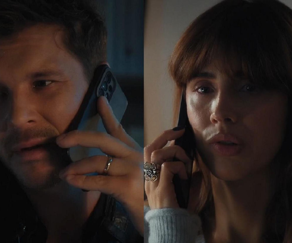 Close-up twarzy Marcina (Mikołaj Roznerski) i Kamy (Michalina Sosna) z serialu M jak miłość podczas rozmowy telefonicznej, odzwierciedlające dramatyczne chwile. Marcin ma na palcu obrączkę. Zdjęcie ilustruje odcinek 1923, dostępny na Super Seriale.