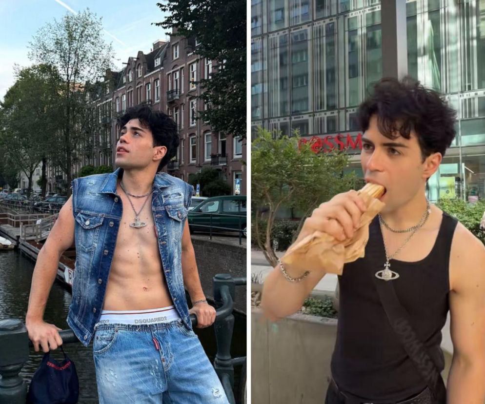 Benji Krol na moście, obok na wstawce influencer je hot-doga w Warszawie. O jego wizycie w Polsce przeczytasz w Eska.