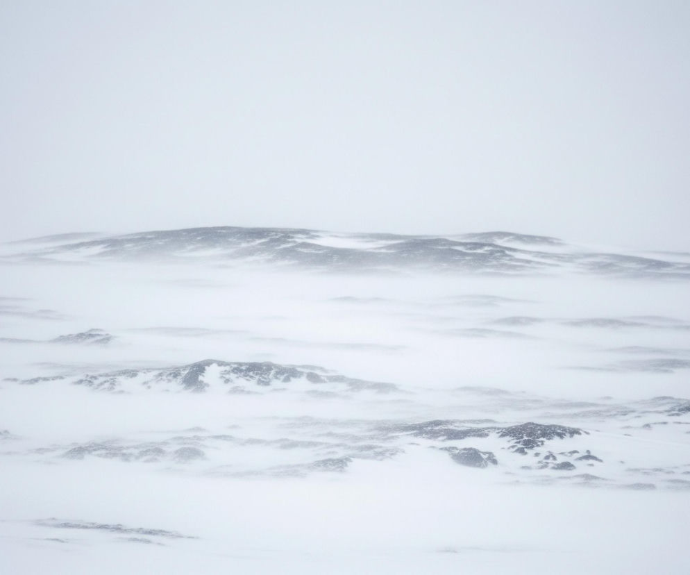 Rozległy, zimowy krajobraz ukazuje wzgórza i góry częściowo pokryte śniegiem i zamglonym powietrzem. Na pierwszym planie i w środkowej części dominują białe płaty śniegu, pomiędzy którymi wystają ciemne, skaliste formacje, tworzące nieregularne wzory i linie. Dalej w tle widać wyraźniejsze zarysy wyższych, ciemniejszych wzniesień, stopniowo zanikających w jasnej, jednolitej mgle lub zachmurzonym niebie, które zajmuje większą część górnej połowy obrazu. Całość utrzymana jest w chłodnej palecie barw, od bieli i jasnych szarości po ciemniejsze odcienie szarości i czerni skał.