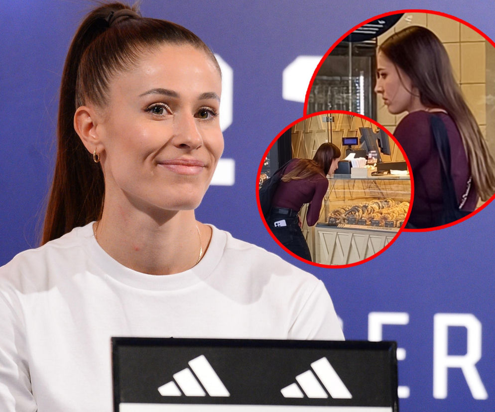 Natalia Bukowiecka uśmiecha się na pierwszym planie, z czerwonymi okręgami w tle, ukazującymi ją w piekarni, gdzie wybiera słodkości z lady pełnej wypieków. Zobacz całą historię na naszym portalu.