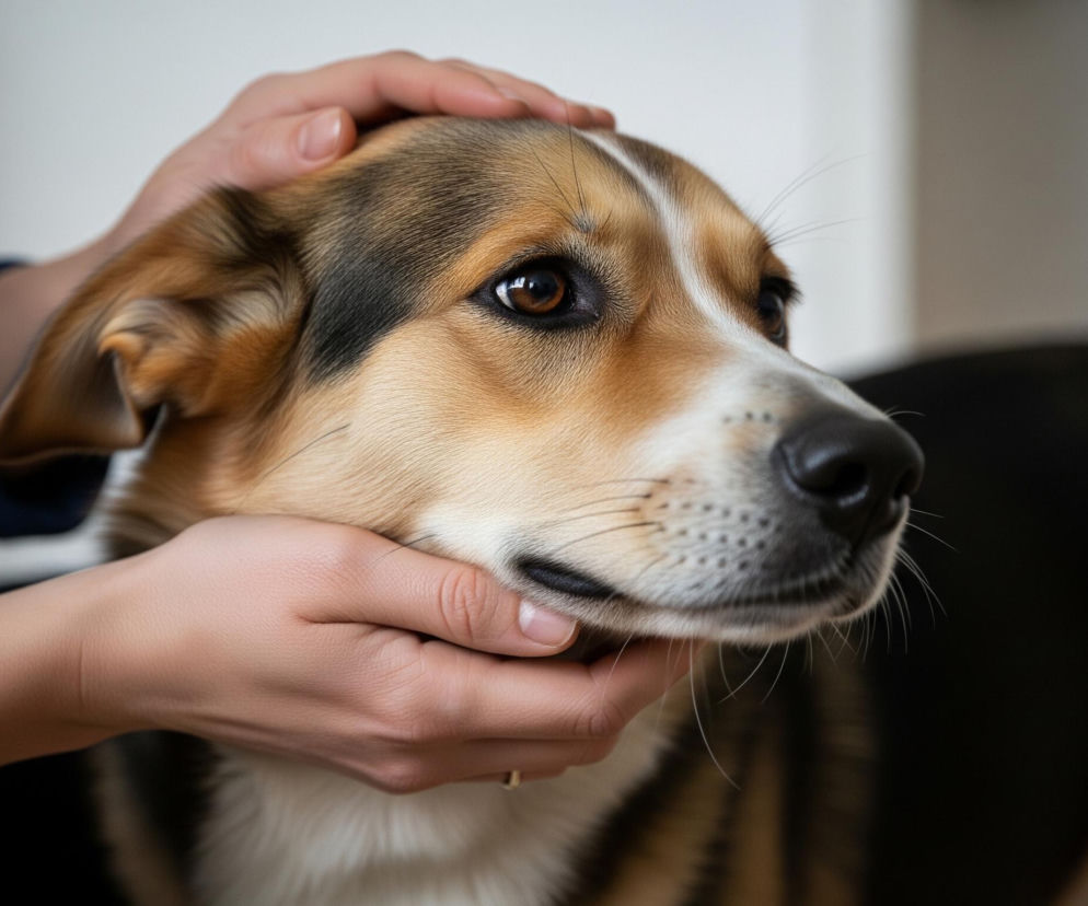 Głównym obiektem jest pies o trójkolorowej sierści, gładzonej przez dwie ludzkie dłonie. Sierść psa jest mieszanką brązowego, czarnego i białego, z wyraźnymi brązowymi oczami, białym pasem przez środek głowy i czarnym nosem. Dłonie, należące do osoby ubranej w ciemnoniebieski sweter z długim rękawem, delikatnie trzymają głowę psa – jedna gładzi go po czubku głowy, druga obejmuje pysk od dołu. Tło jest jasne, rozmyte, sugerujące wnętrze pomieszczenia.