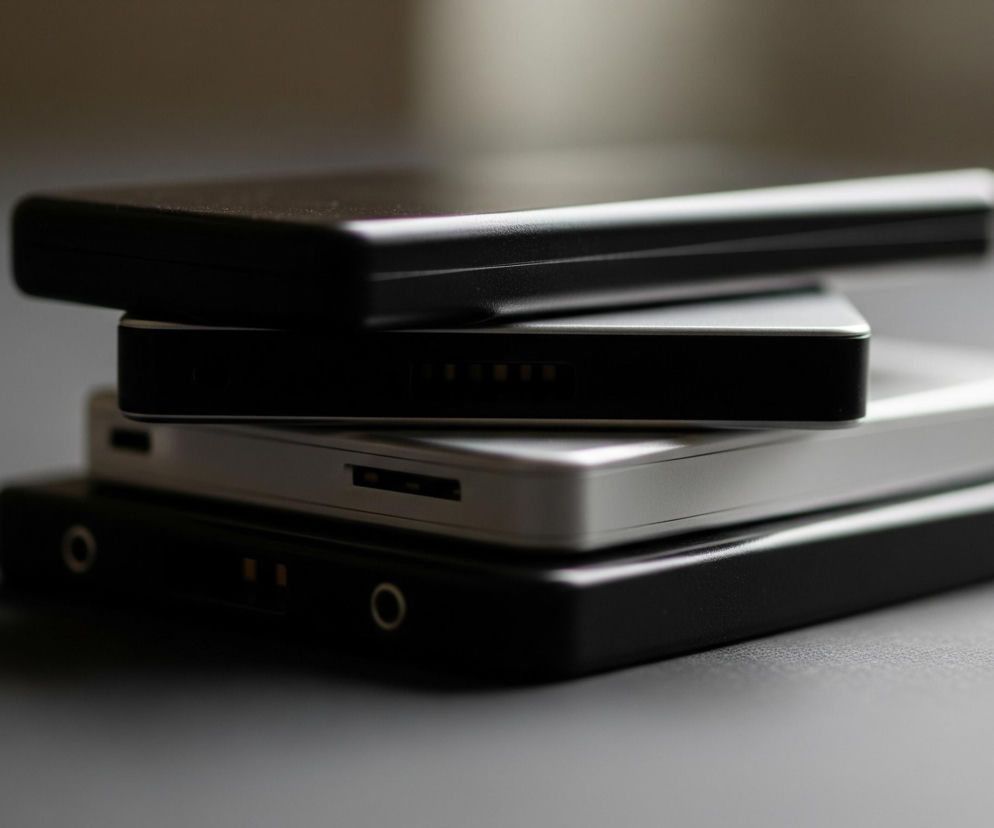 Na zdjęciu widoczne są cztery prostokątne urządzenia elektroniczne ułożone w stos na ciemnoszarym tle. Najwyżej leżące urządzenie jest czarne, z delikatnie zaokrąglonymi krawędziami. Poniżej znajduje się drugie czarne urządzenie, na którego boku widać kilka złotych styków. Następnie leży białe urządzenie z widocznym portem USB oraz szczeliną. Najniżej w stosie jest czarne urządzenie, z okrągłym wejściem i dwoma złotymi prostokątami, które lekko wystaje poza krawędź stołu.