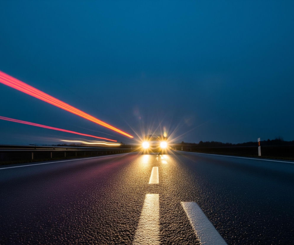 Ciemna asfaltowa droga biegnie prosto w kierunku obserwatora, rozświetlona przez intensywne, żółte światła nadjeżdżającego samochodu, który znajduje się w centralnej części u dołu obrazu. Białe, przerywane linie poziome na jezdni odbijają światło, tworząc jasne pasy. Na niebie widać długie, rozmazane, czerwone smugi świateł pozycyjnych pojazdu oddalającego się w lewo, oraz białe smugi. Niebo jest ciemne, granatowe, przechodzące w błękit w górnej części, natomiast na horyzoncie widoczny jest ciemny zarys drzew i niewyraźny krajobraz.