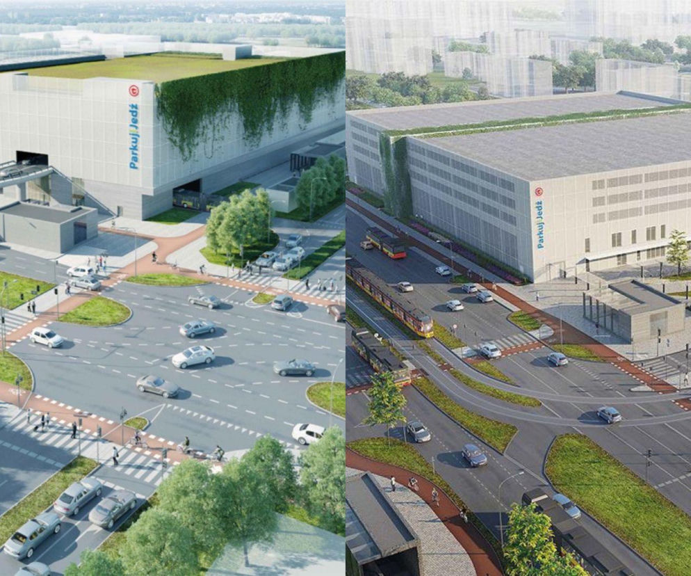 Wizualizacje przedstawiają planowane węzły przesiadkowe przy stacjach metra Karolin (lewo) i Lazurowa (prawo) w Warszawie, z wielopoziomowymi parkingami P+R, drogami dojazdowymi, przystankami autobusowymi i tramwajowymi. Projekt pokazuje, jak miałyby wyglądać te obiekty, o których można przeczytać więcej na portalu Architektura Murator Plus.