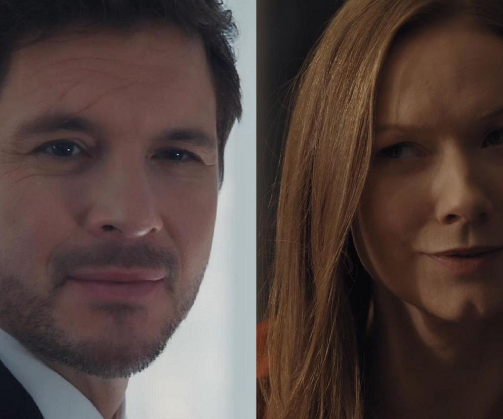 Zbliżenie na Marcina (Mikołaj Roznerski) w eleganckim garniturze po lewej i Elżbietę (Katarzyna Dąbrowska) z długimi włosami, z delikatnym uśmiechem, po prawej. Wyraźne twarze bohaterów sugerują intrygę w serialu M jak miłość. Więcej szczegółów na temat ich losów znajdziesz na Super Seriale.