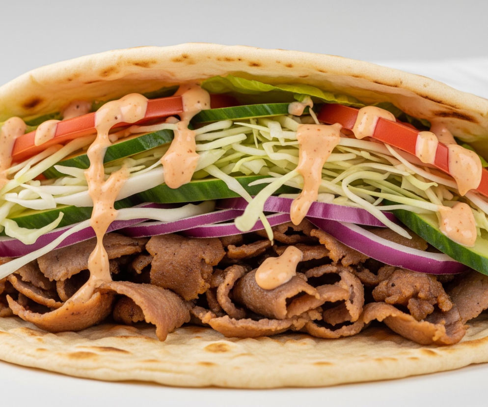 W centrum kadru znajduje się kebab w tortilli, wypełniony różnorodnymi składnikami. Dolna warstwa składa się z obfitej porcji brązowego, przypieczonego mięsa, ułożonego na płaskim pieczywie typu tortilla w jasnym, lekko spiekane odcieniu. Nad mięsem, od spodu do góry, widoczne są warstwy fioletowej cebuli w półkrążkach, ciemnozielonych, cienkich plasterków ogórka, poszatkowanej białej kapusty i kilku liści jasnozielonej sałaty. Na wierzchu ułożone są także czerwone, prostokątne kawałki pomidora oraz kilka cienkich, pomarańczowych pasków marchewki. Całość polana jest jasno-pomarańczowym sosem z widocznymi ciemnymi drobinkami, który spływa w kilku miejscach po warzywach. Tło jest jednolite, jasnoszare, lekko rozmyte, z niewyraźnymi cieniami za potrawą, co skupia uwagę na jedzeniu.