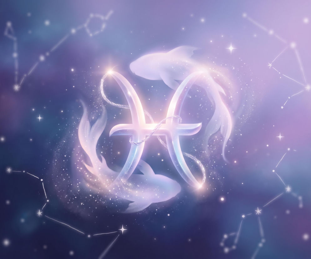 Znak zodiaku Ryby na tle rozgwieżdżonego nieba i konstelacji. O horoskopie dziennym dla Ryb przeczytasz na Eska.