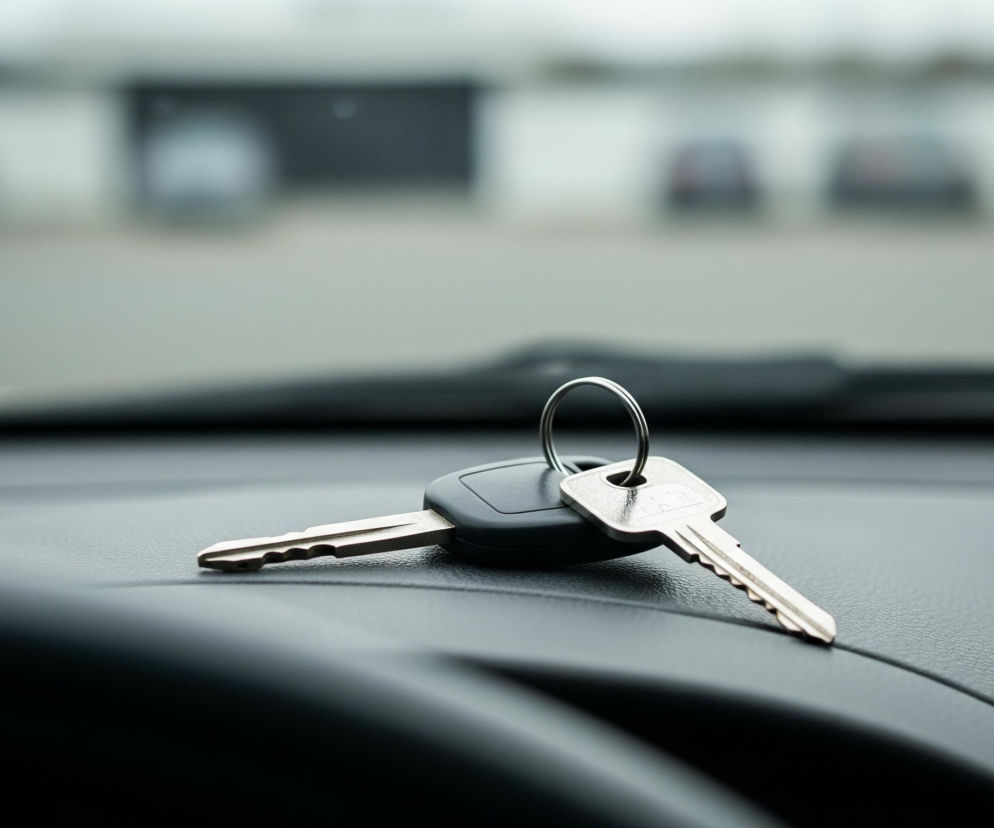 Na pierwszym planie, centralnie, leżą dwa klucze połączone metalowym kółkiem, spoczywające na ciemnej, teksturowanej desce rozdzielczej samochodu. Jeden klucz ma metalowy trzon z ząbkami i ciemną, owalną głowicę z tworzywa sztucznego, a drugi, krótszy, jest w całości metalowy, o kształcie prostokąta z zaokrąglonymi rogami i wyciętymi ząbkami, z okrągłym otworem u góry. Tło jest rozmyte, ukazując szarą przestrzeń zewnętrzną z niewyraźnymi sylwetkami innych samochodów i budynków.