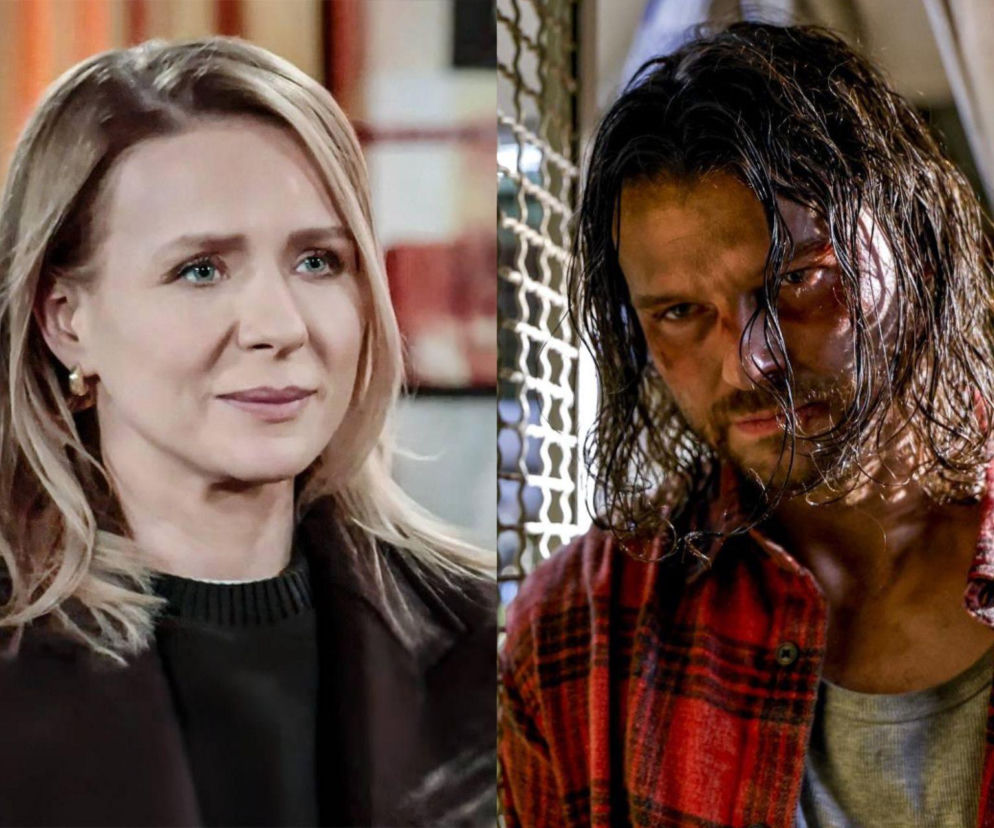 Aneta Zając jako Marysia Domańska i Mateusz Kościukiewicz jako Paweł w serialu Pierwsza miłość. Kobieta ma na sobie czarny sweter i płaszcz, patrząc z lekkim uśmiechem. Mężczyzna w kraciastą koszulę, z potarganymi włosami, lekko posiniaczoną twarzą i intensywnym spojrzeniem. To są Super Seriale, gdzie poznasz ich dalsze losy.