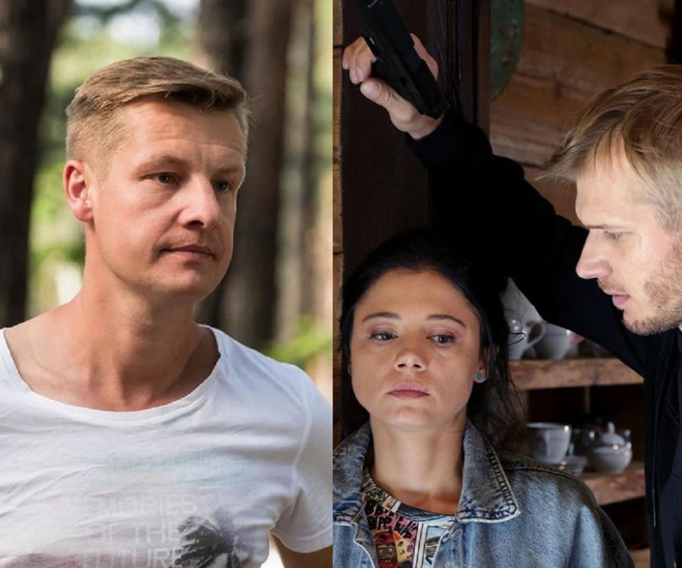 Podzielone ujęcie: Rafał Mroczek jako Paweł Zduński w białej koszulce na tle lasu oraz Adriana Kalska jako Iza i Tomasz Ciachorowski jako Artur z pistoletem, ilustrujące kryjówkę Pawła i przeszłą zbrodnię, o której czytaj na Super Seriale.