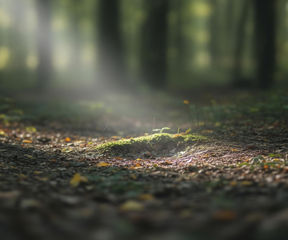 Leśna ścieżka pokryta liśćmi i mchem zajmuje dolną część kadru, częściowo oświetlona promieniami słońca przebijającymi się przez gęste korony drzew. Delikatna mgła unosi się w oddali, tworząc rozmyte tło z ciemnozielonych pni drzew i jaśniejszych plam liści. Całość kompozycji skupia się na pierwszym planie, gdzie promienie słońca padają na fragment mchu i drobnych roślin, rozświetlając ich zielone barwy.