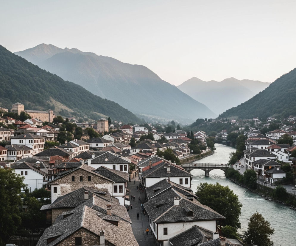 Górski krajobraz dominuje nad widokiem, z rzeką o turkusowej wodzie płynącą przez centrum doliny. Po obu stronach rzeki rozciąga się miejska zabudowa złożona z białych domów z ciemnymi dachami, wiele z nich ma elementy z kamienia lub drewna. Mosty łukowe z kamiennymi przęsłami łączą brzegi, a w tle widać kolejne pasma górskie, zanikające w błękitnej mgiełce.