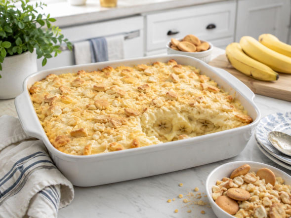 Banana pudding dump cake. Żadnego  ucierania - kremowe banany przykryj maślaną warstwą i piecz
