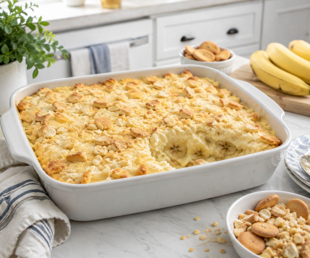 Banana pudding dump cake. Żadnego  ucierania - kremowe banany przykryj maślaną warstwą i piecz