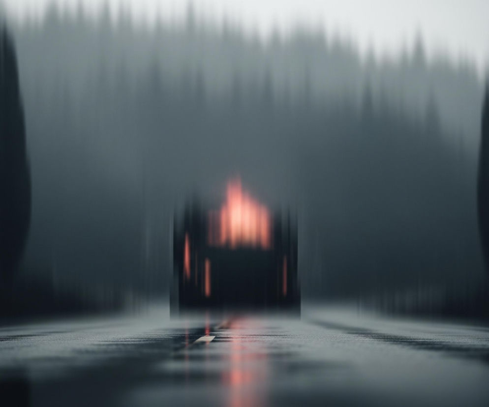 Droga o ciemnoszarej, gładkiej nawierzchni dominuje dolną część kadru, prowadząc w głąb obrazu. Na niej widoczne są odbicia pomarańczowego światła pochodzącego z niewyraźnego obiektu przypominającego pojazd, umieszczonego centralnie w tle. Po obu stronach drogi wznoszą się rozmazane, ciemne sylwetki wysokich drzew, które łączą się z rozmytym pasmem lasu, tworzącym ciemnoszarą ścianę na horyzoncie. Całość utrzymana jest w chłodnej palecie barw, z dominacją szarości i czerni, przełamanej ciepłymi pomarańczowymi akcentami.