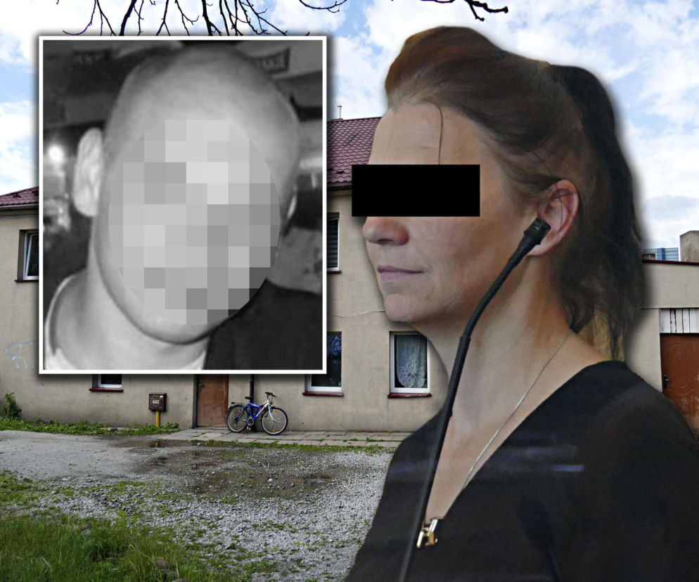 Małgorzata N. na tle kamienicy w Łodzi. Obok na miniaturze ofiara zabójstwa. O wyroku sądu przeczytasz na SE Łódź.