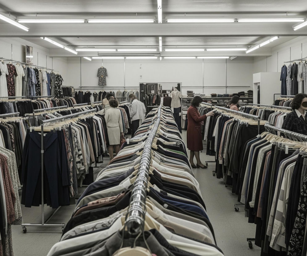 Długi, prostokątny pokój, przypominający sklep odzieżowy, jest wypełniony rzędami ubrań wiszących na metalowych wieszakach. Po lewej i prawej stronie, na metalowych drążkach zamocowanych do białej ściany, wiszą sukienki i inne ubrania, tworząc wizualną linię sięgającą w głąb pomieszczenia. W centrum kadru, rozciągając się od pierwszego planu do tyłu, znajduje się kolejny długi rząd wieszaków z ubraniami, oddzielający dwa szerokie przejścia. Kilka osób, głównie kobiet, przegląda odzież, a nad ich głowami widać rzędy jasnych, podłużnych świetlówek przymocowanych do białego sufitu.