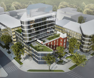 Wizualizacja centrum biurowo-konferencyjnego COMARCH w Łodzi. Autorem projektu jest NOW Biuro Architektoniczne