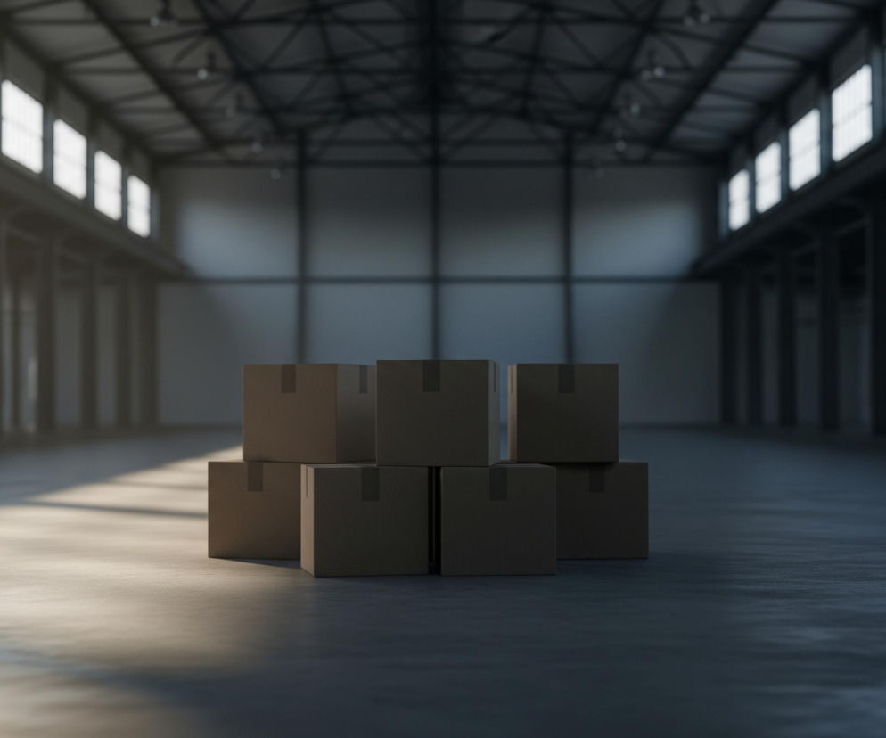 W centrum obrazu znajduje się stos sześciu brązowych kartonowych pudeł, ułożonych w dwa rzędy po trzy, z kolejnymi trzema pudełkami na górze. Pudełka mają widoczne ciemne taśmy klejące na górnych powierzchniach. Są one oświetlone smugą jasnego światła padającego z lewej strony, tworzącą wyraźne cienie na ciemnej, betonowej podłodze. W tle rozciąga się przestronna, pusta hala magazynowa z metalową konstrukcją dachu i rzędami jasnych okien w górnej części ścian, które wpuszczają światło do wnętrza.