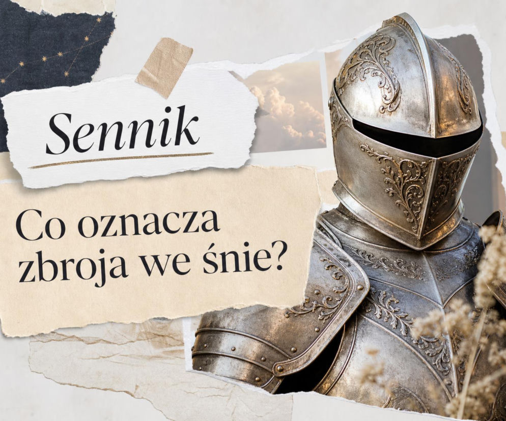 Zdobiona rycerska zbroja z hełmem na tle kolażu. O znaczeniu snu o pancerzu przeczytasz na SE.