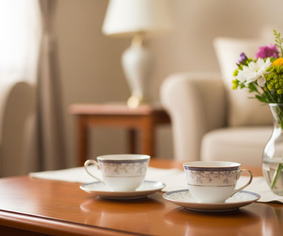 Na pierwszym planie, po prawej stronie drewnianego, brązowego stołu, znajduje się filiżanka z białą porcelaną, ozdobiona subtelnym niebieskim wzorem kwiatowym i złotym obramowaniem, stojąca na pasującym spodeczku. Obok, nieco w tle po lewej, widać identyczną filiżankę ze spodeczkiem. Na stole, za filiżankami, leży jasny, beżowy obrus, a na nim stoi szklany wazon wypełniony wodą i różnobarwnymi kwiatami, w tym białymi, różowymi, żółtymi i zielonymi. Tło jest rozmyte, ukazując fragmenty mebli, w tym jasne, tapicerowane fotele i lampę stołową z białym abażurem.