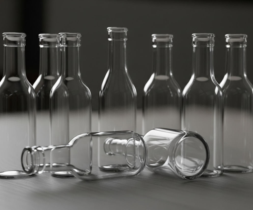 Grupa dziewięciu pustych, przezroczystych szklanych butelek stoi i leży na jasnoszarym, drewnianym blacie. Siedem butelek ustawionych jest pionowo w rzędzie w tle, a dwie leżą poziomo na pierwszym planie, częściowo nakładając się na siebie. Wszystkie butelki mają cylindryczne korpusy, smukłe szyjki i poszerzone wylewki, a ich szkło odbija światło, tworząc jasne refleksy i cienie na powierzchni. Tło jest ciemne i rozmyte.