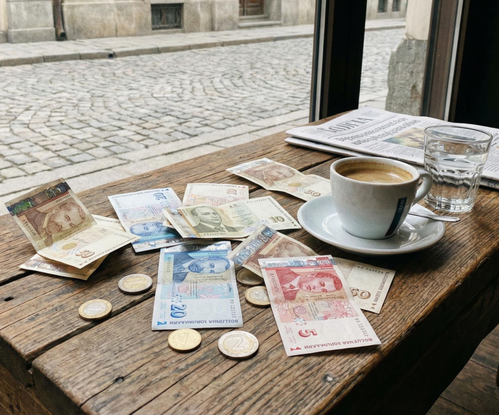 Bułgarskie banknoty i monety leżące na drewnianym stoliku, obok filiżanka kawy i gazeta, symbolizujące nadchodzącą wymianę waluty. Informacje o bułgarskim lewie znajdziesz na Super Biznes.