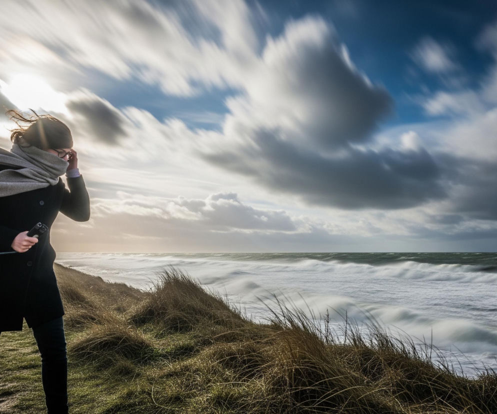 Kobieta w ciemnym płaszczu i okularach stoi na brzegu, jej szal unosi się mocno na wietrze, a włosy są rozwichrzone. Trzyma w ręku aparat fotograficzny. Za nią rozciąga się morze z silnymi, spienionymi falami i trawiaste wydmy. Na niebie widać słońce świecące przez rozmyte, pędzące chmury, tworząc dramatyczny efekt.