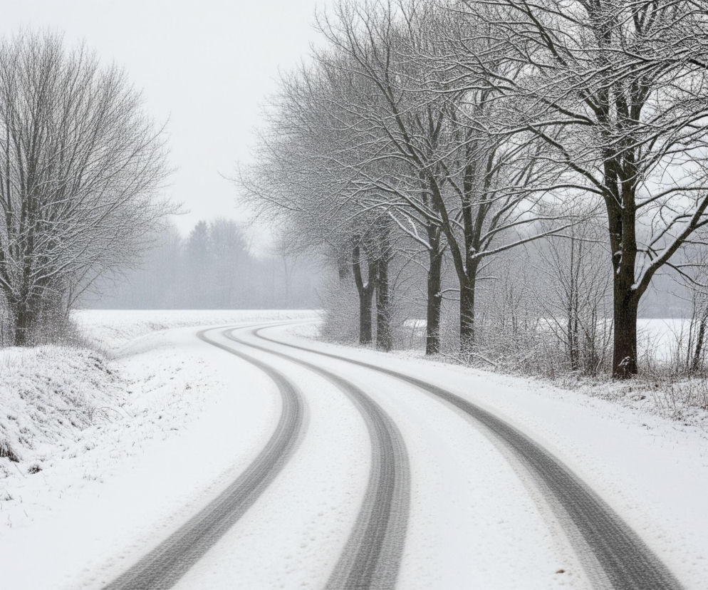 Śnieżna, kręta droga biegnie przez zimowy krajobraz, pokryta świeżym puchem. Na drodze widać ciemne ślady opon, wijące się w głąb obrazu. Po lewej stronie rozciąga się zaśnieżone pole, a po prawej rząd wysokich, bezlistnych drzew z gałęziami obsypanymi śniegiem. Tło jest zamglone i białe, z niewyraźnymi zarysami dalszych drzew, co sugeruje pochmurny, zimowy dzień.