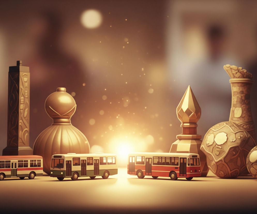 Trzy miniaturowe autobusy w stylu retro stoją w rzędzie na brązowym blacie, każdy ma jasne reflektory, a za nimi rozpościera się ciepłe, rozmyte tło z delikatnymi świetlistymi refleksami i rozproszonymi iskierkami. Po obu stronach i za autobusami rozmieszczono różne ozdobne przedmioty o metalicznym lub drewnianym wyglądzie, w tym dwie ozdobne kule, dwie pionowe figury przypominające wieże lub kolumny, oraz duży płaski okrągły dysk z rzeźbionymi wzorami. Cała scena jest utrzymana w ciepłych odcieniach brązu, złota i beżu, z centralnym punktem światła między środkowym a prawym autobusem, tworzącym rozświetloną mgiełkę.